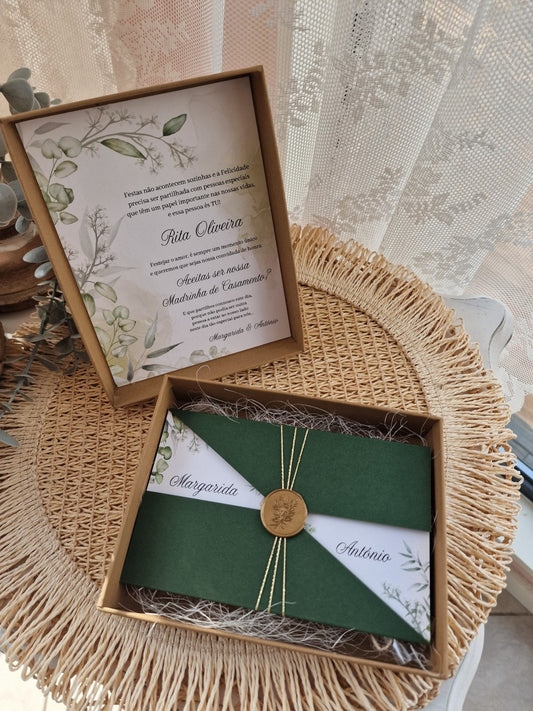 Caixa com dedicatória para padrinhos de casamento verdes natureza