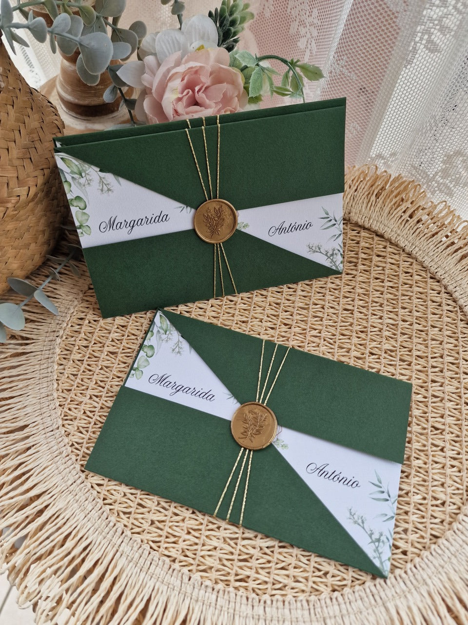 Caixa com dedicatória para padrinhos de casamento verdes natureza