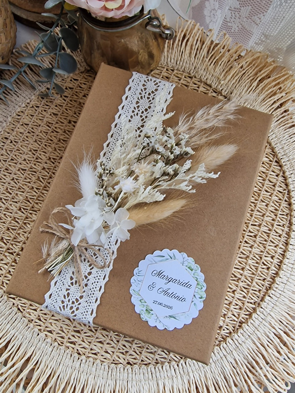 Caixa com dedicatória para padrinhos de casamento verdes natureza