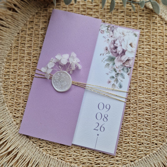Convite de casamento personalizado com floral lavanda