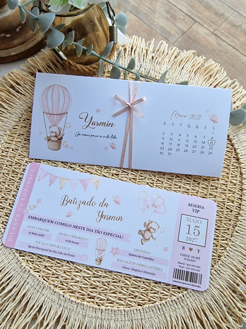 Convite de batizado bilhete de embarque ursinha rosa Yasmin