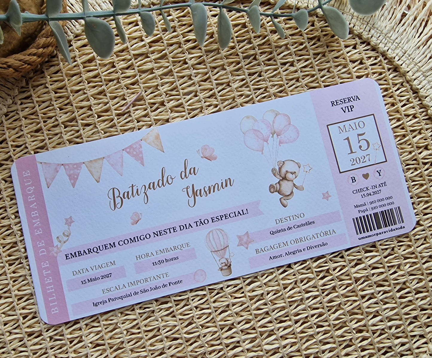 Convite de batizado bilhete de embarque ursinha rosa Yasmin