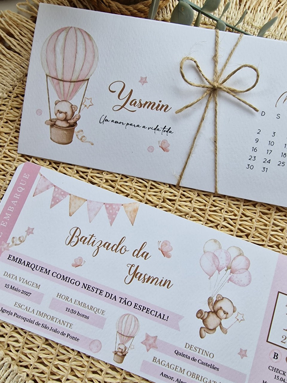 Convite de batizado bilhete de embarque ursinha rosa Yasmin
