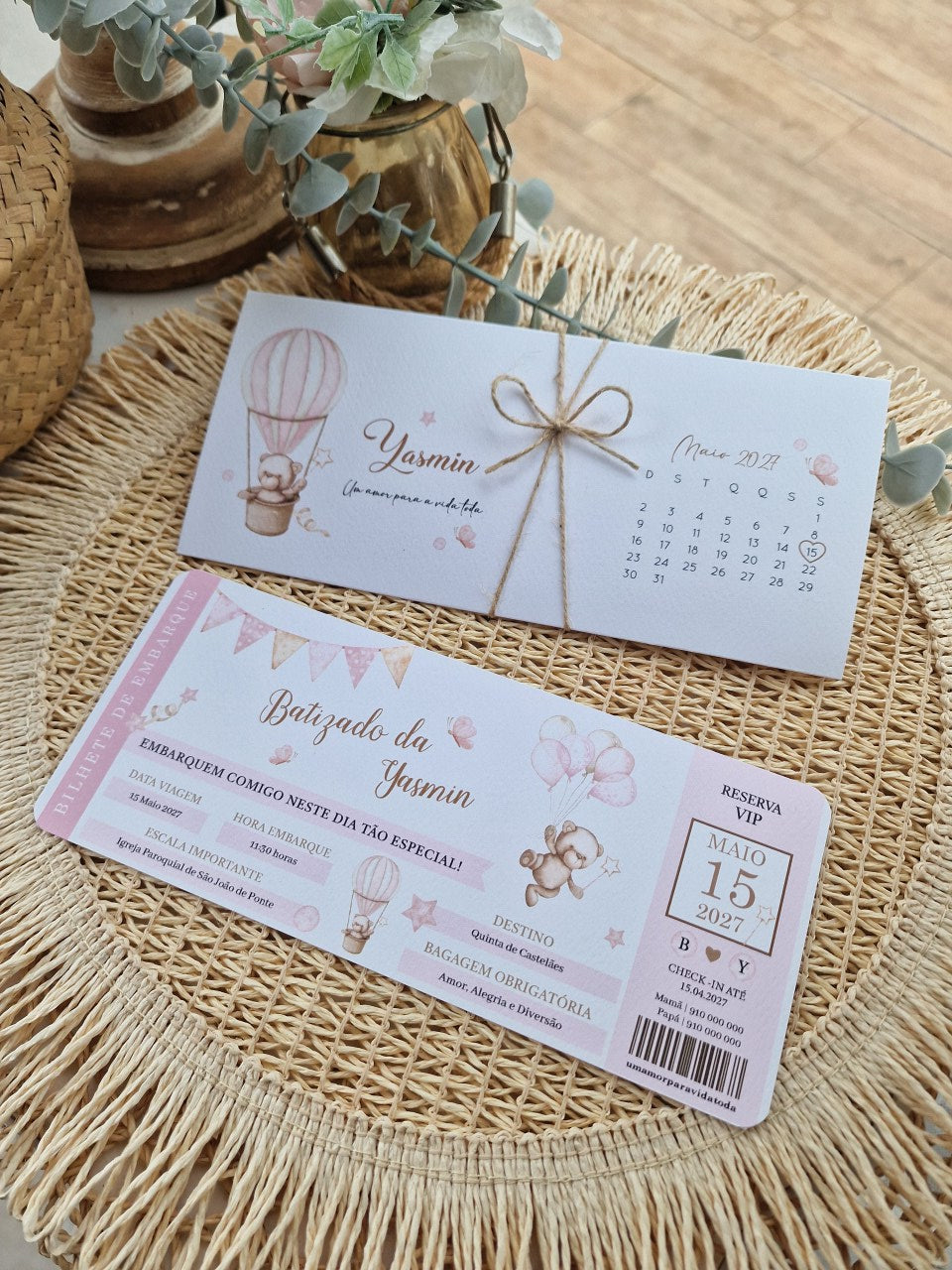 Convite de batizado bilhete de embarque ursinha rosa Yasmin