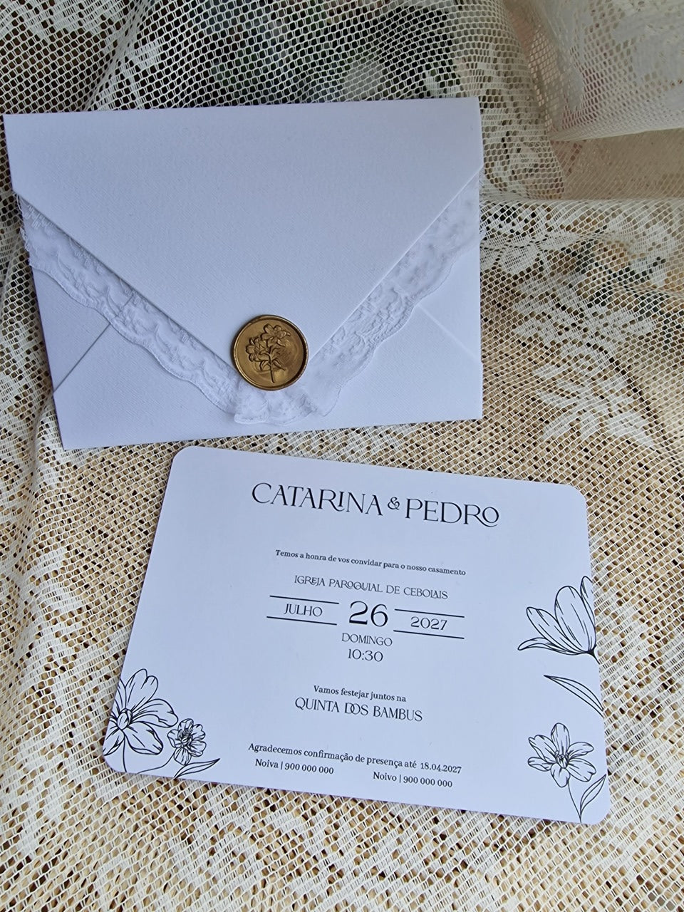 Convite de casamento envelope com renda Catarina e Pedro