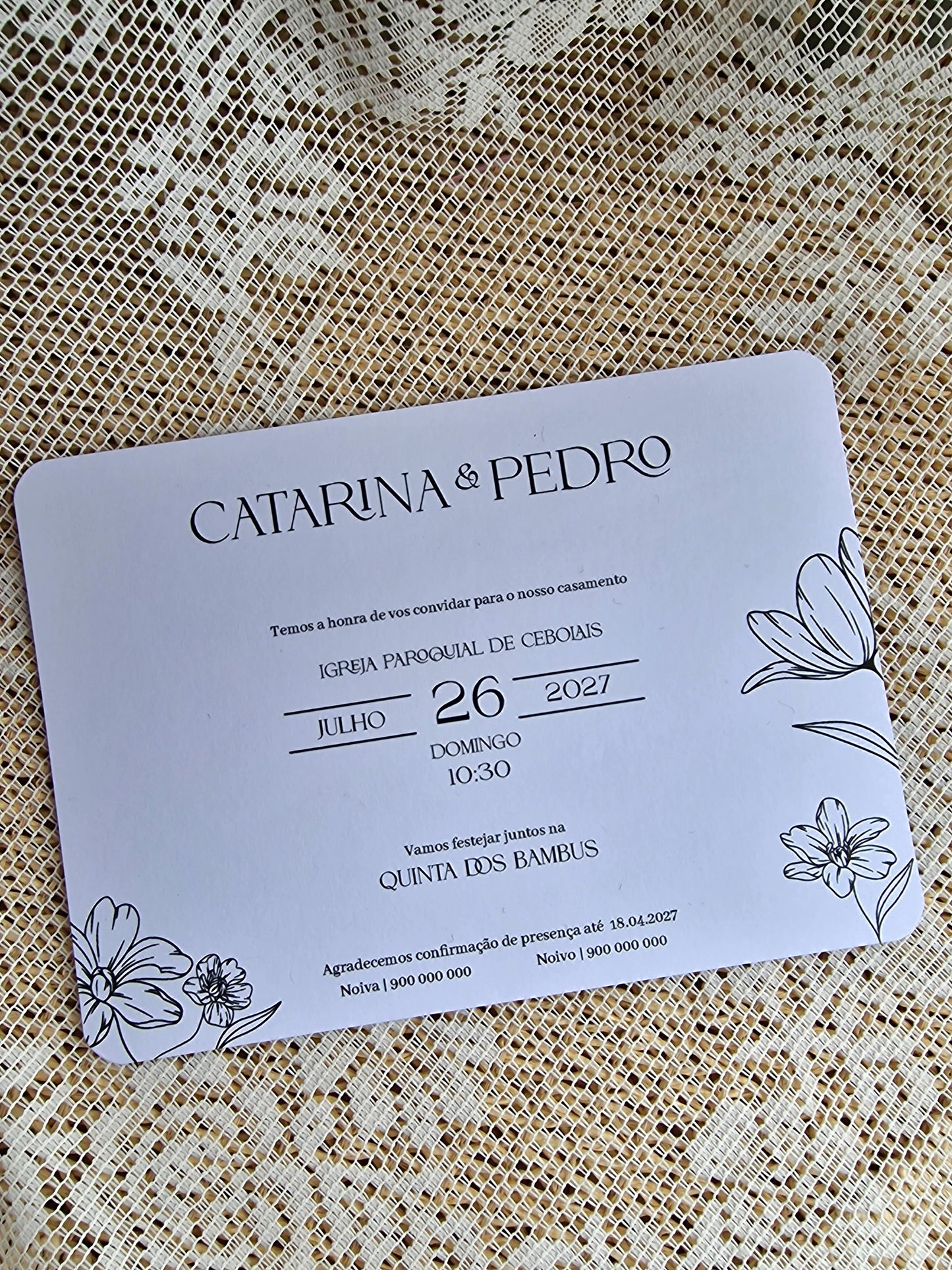 Convite de casamento envelope com renda Catarina e Pedro