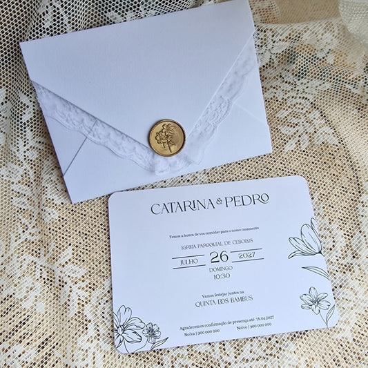 Convite de casamento envelope com renda Catarina e Pedro