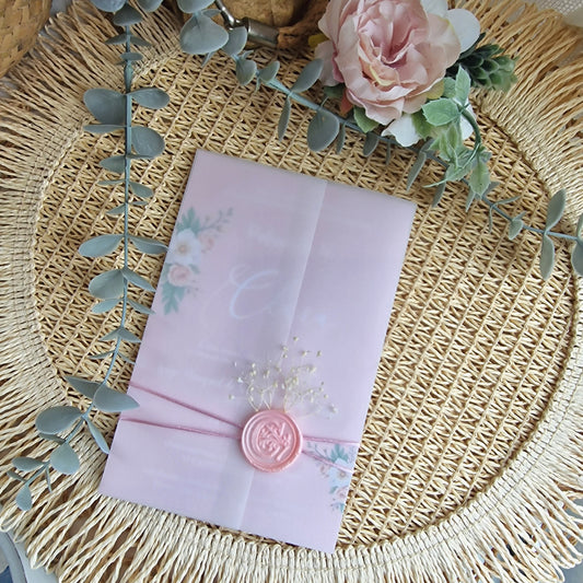 Convite de profissão de fé rose com transparência