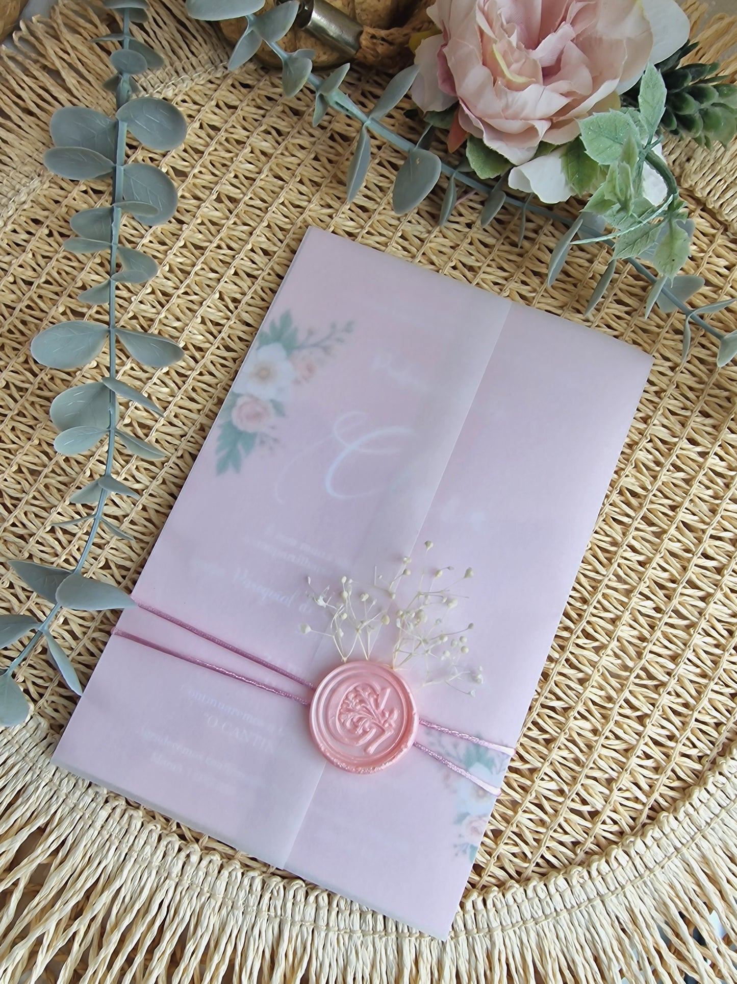 Convite de profissão de fé rose com transparência