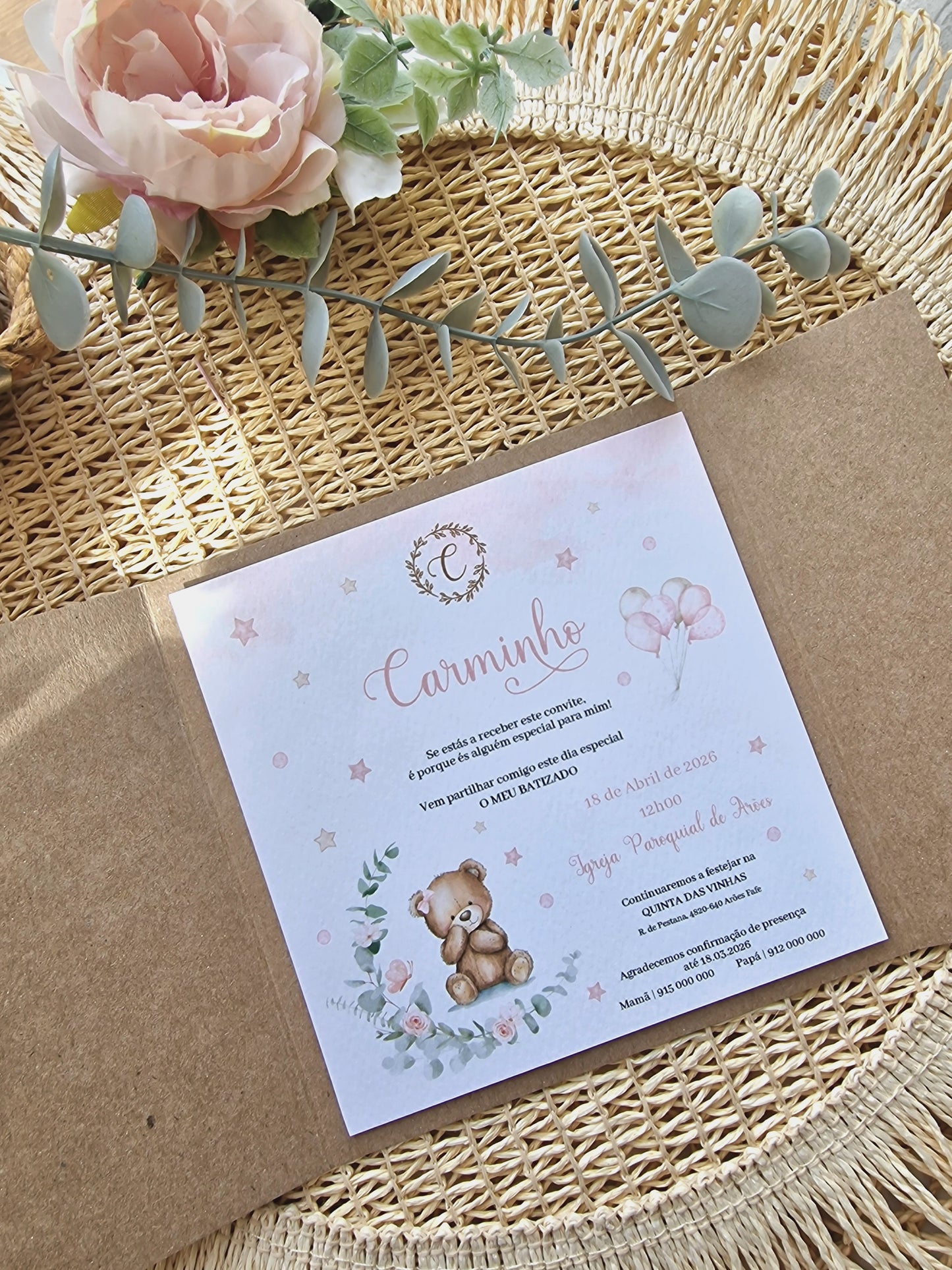 Convite de batizado "Ursinha Carminho"