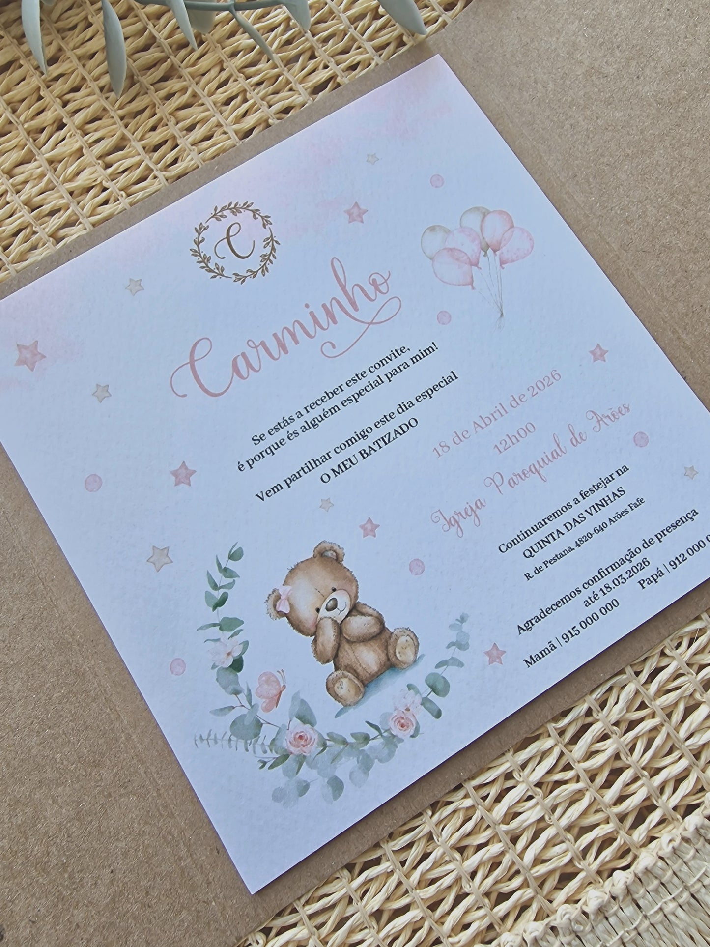 Convite de batizado "Ursinha Carminho"