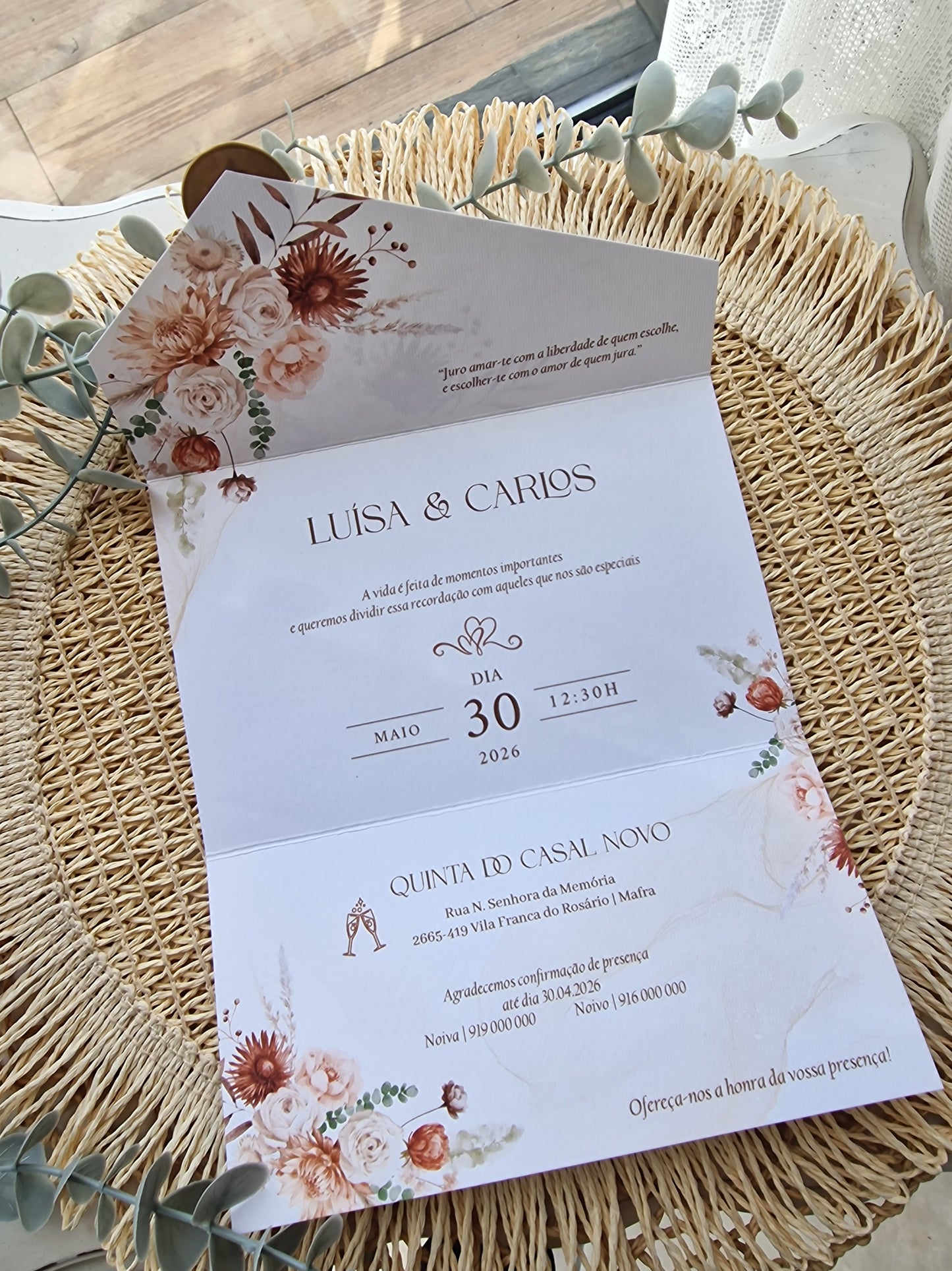 Convite de casamento em terracota Luísa & Carlos personalizado
