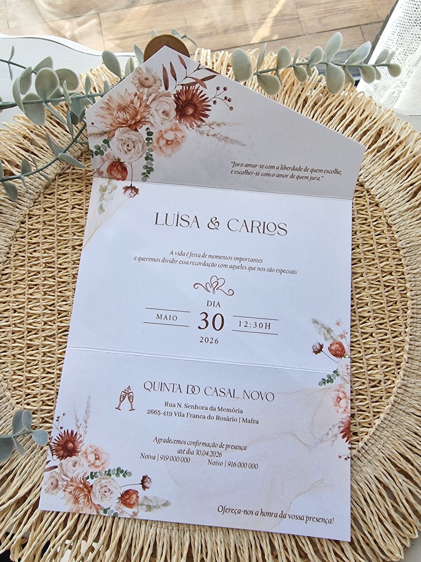 Convite de casamento em terracota Luísa & Carlos personalizado