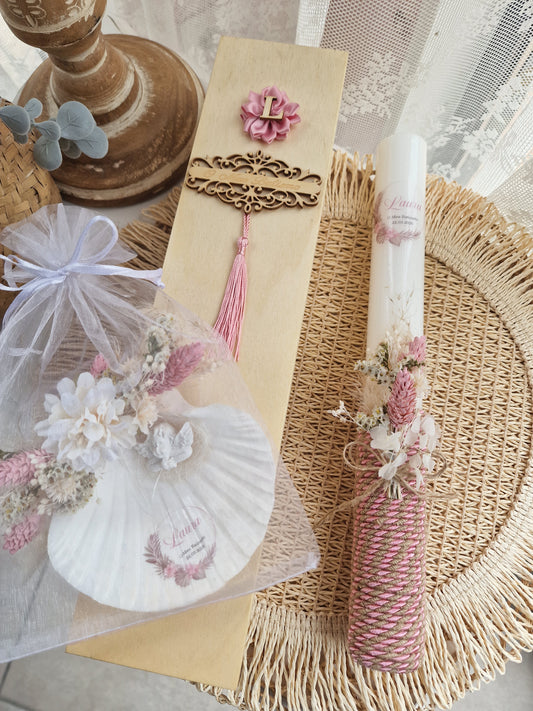Conjunto de batizado Rosa "Pampas Eva" com toalha