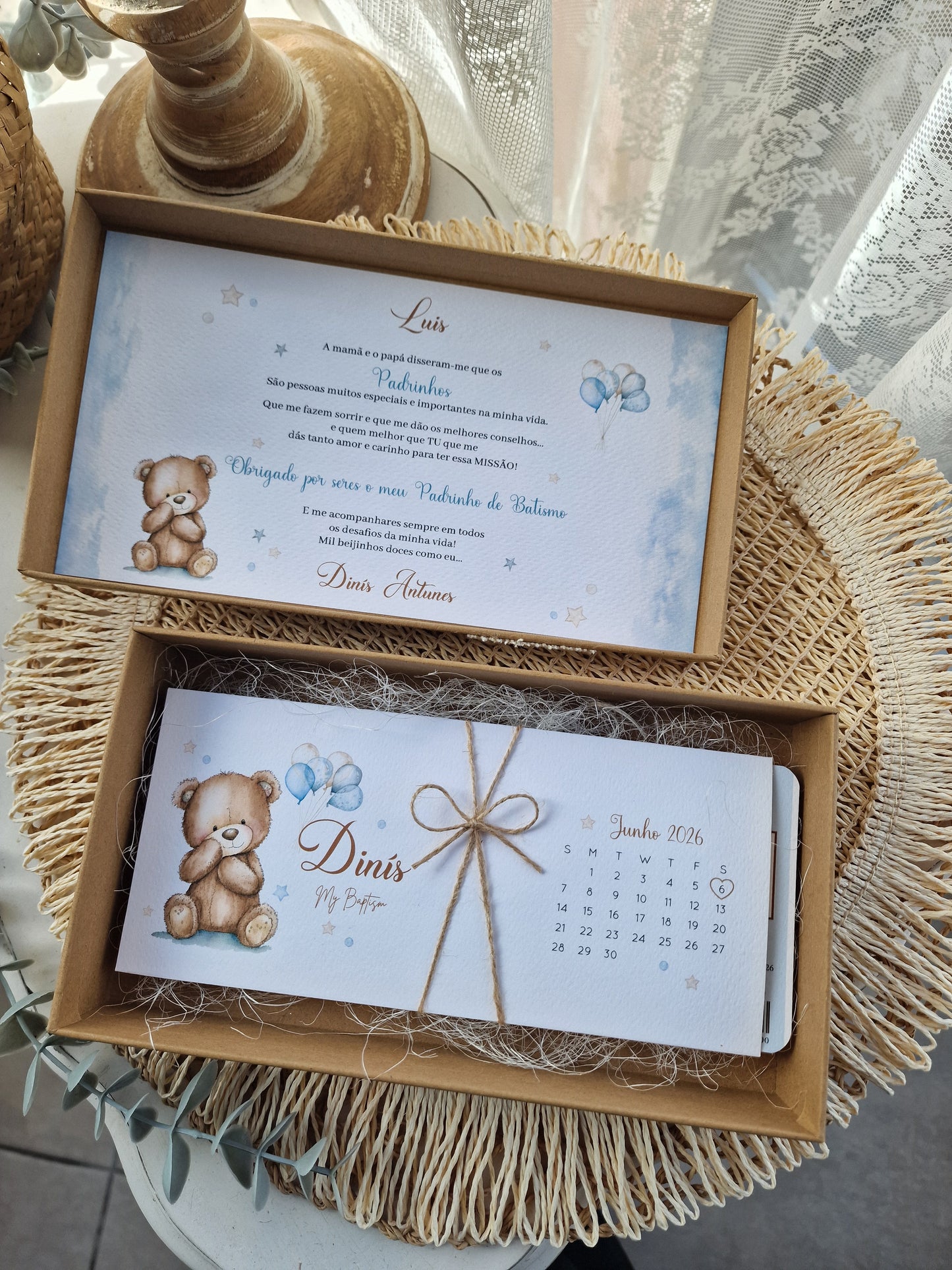 Convite de padrinhos artesanal Urso azul Dinis