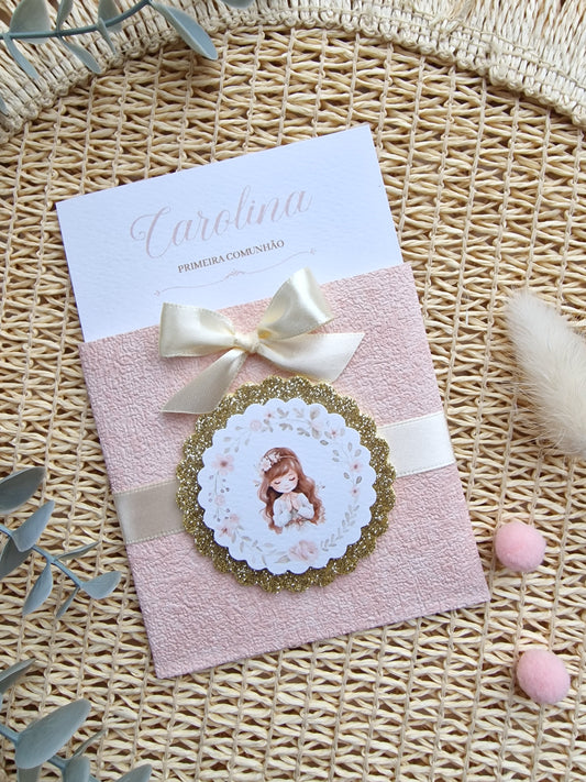 Convite de Primeira Comunhão "Bolsinha Rosa Carolina"