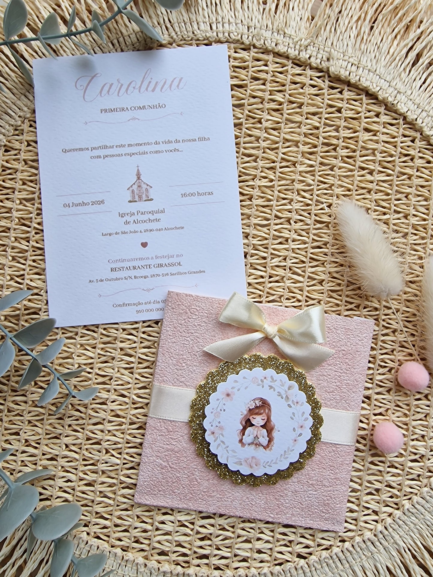 Convite de Primeira Comunhão "Bolsinha Rosa Carolina"