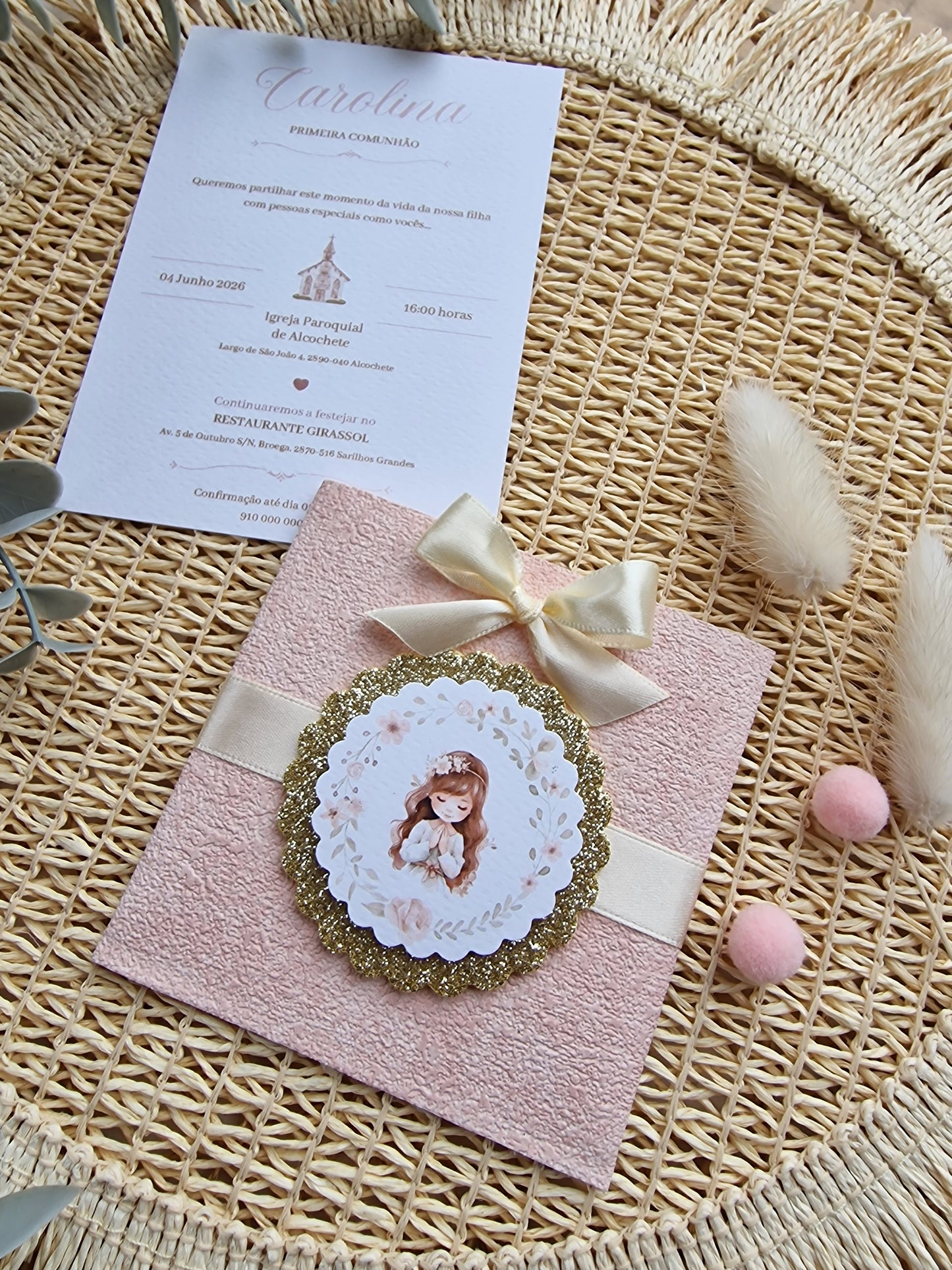 Convite de Primeira Comunhão "Bolsinha Rosa Carolina"
