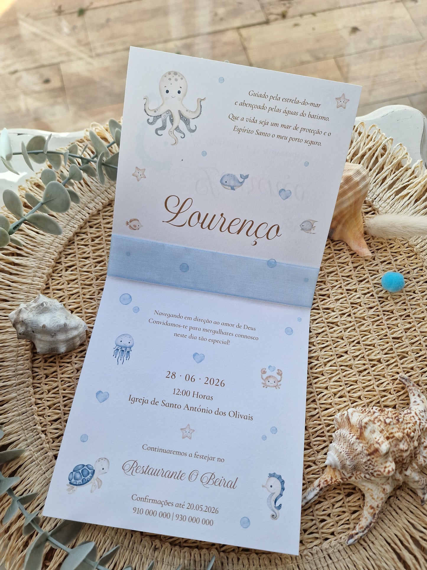 Convite de Batizado quadrado "Mar do Lourenço"