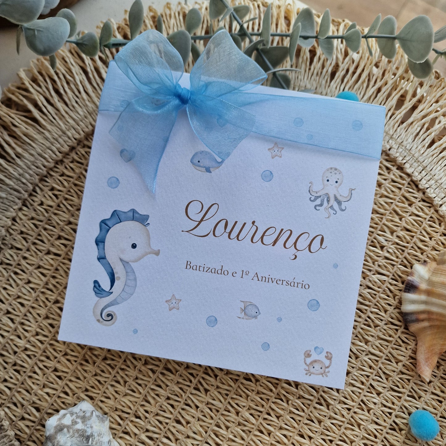 Convite de Batizado quadrado "Mar do Lourenço"
