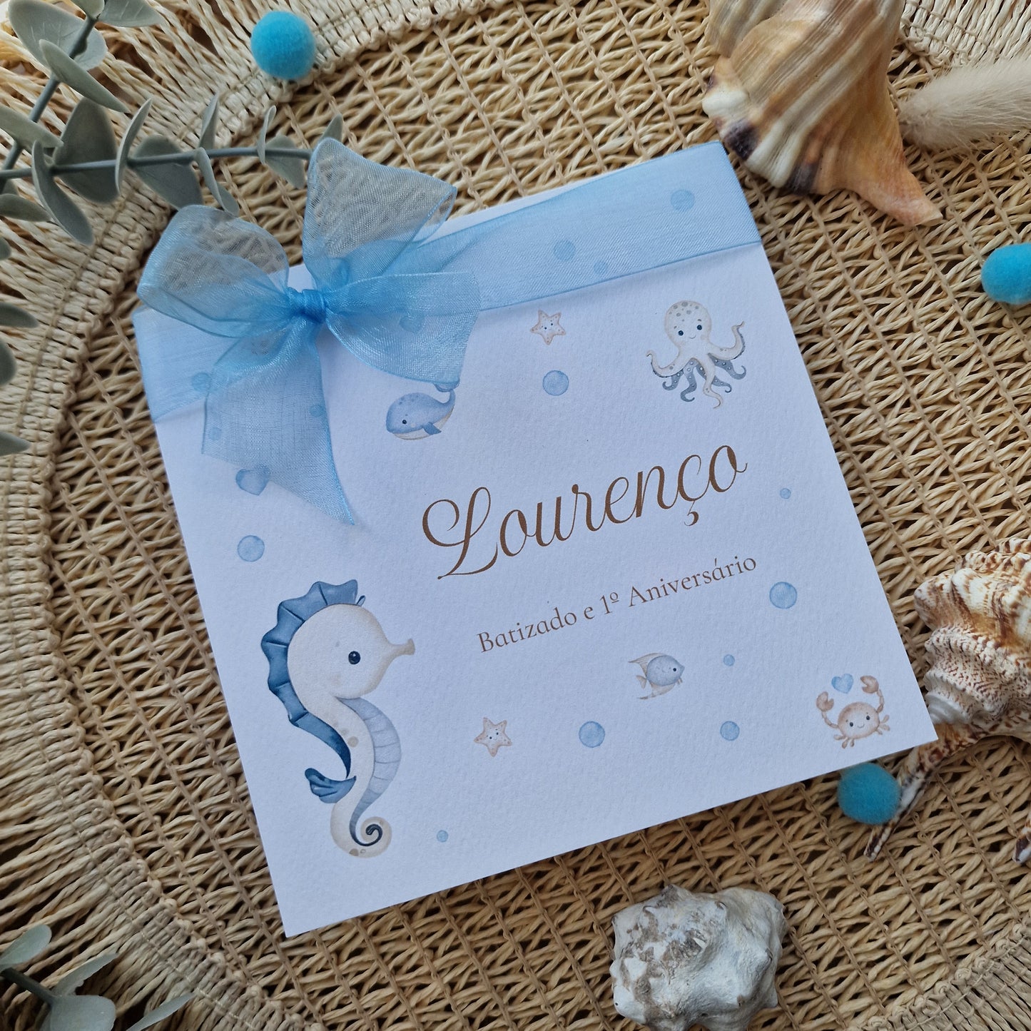 Convite de Batizado quadrado "Mar do Lourenço"