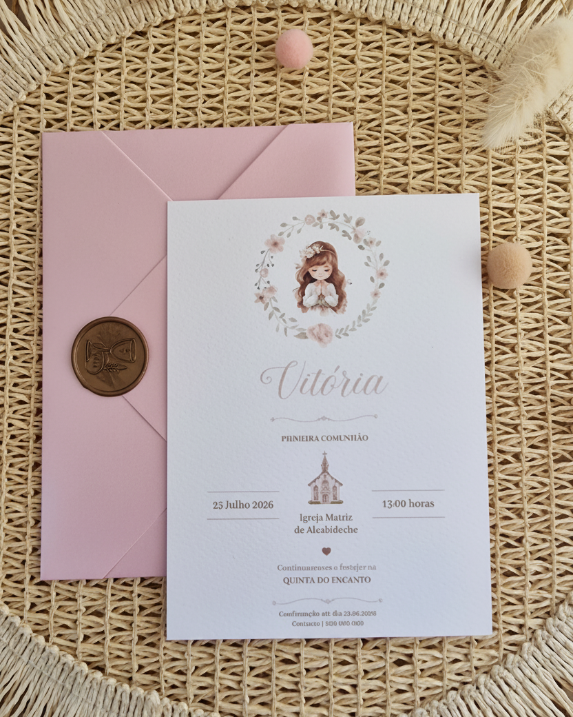 Convite de 1ª Comunhão envelope rosa Vitória