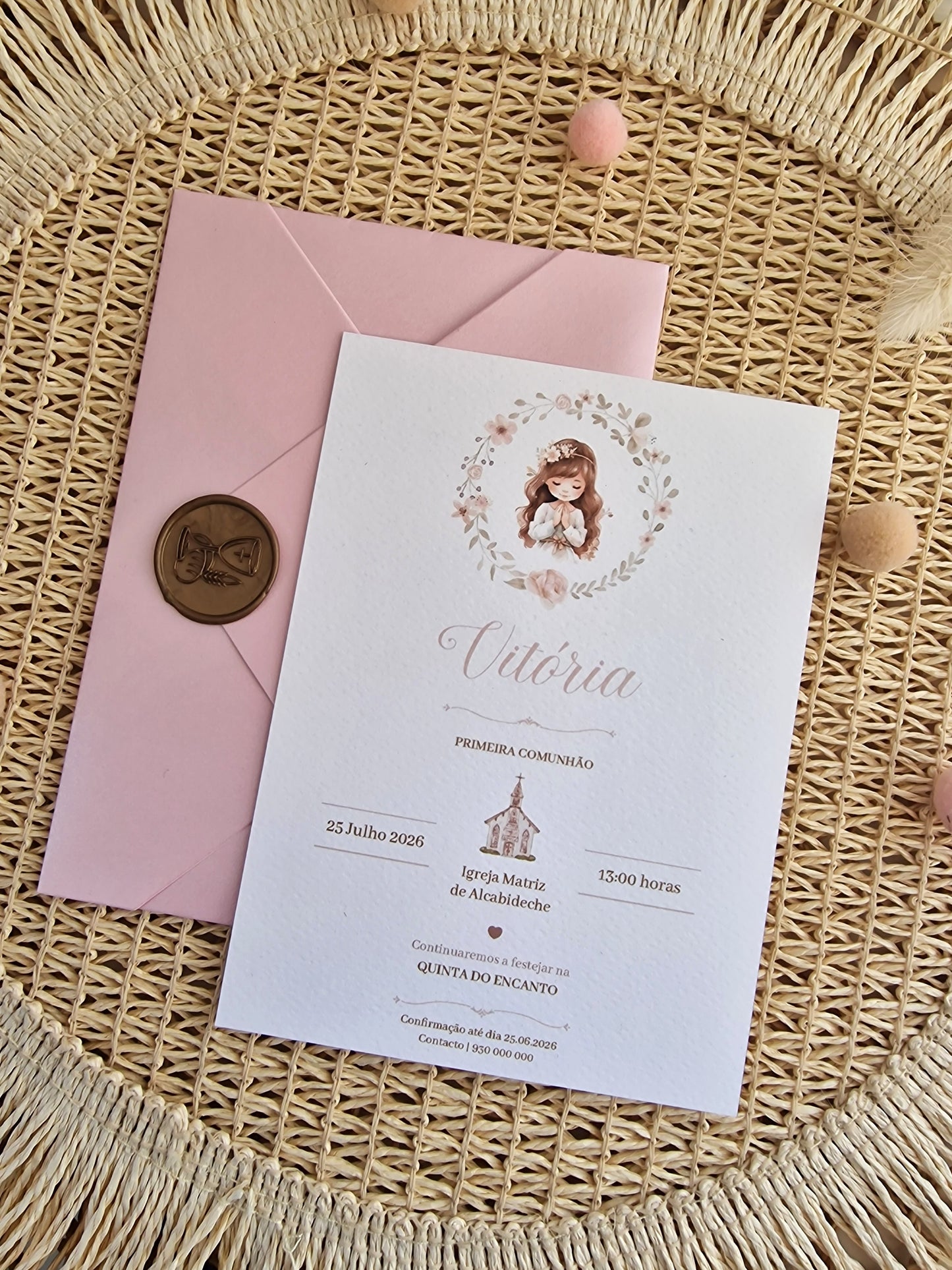Convite de 1ª Comunhão envelope rosa Vitória