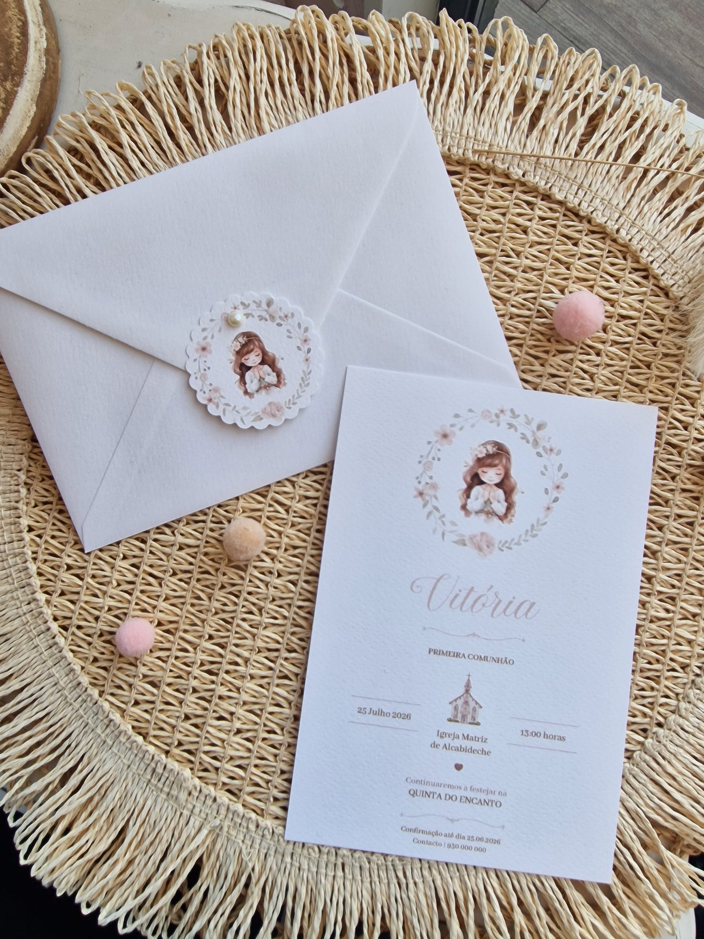 Convite de 1ª Comunhão envelope branco Vitória