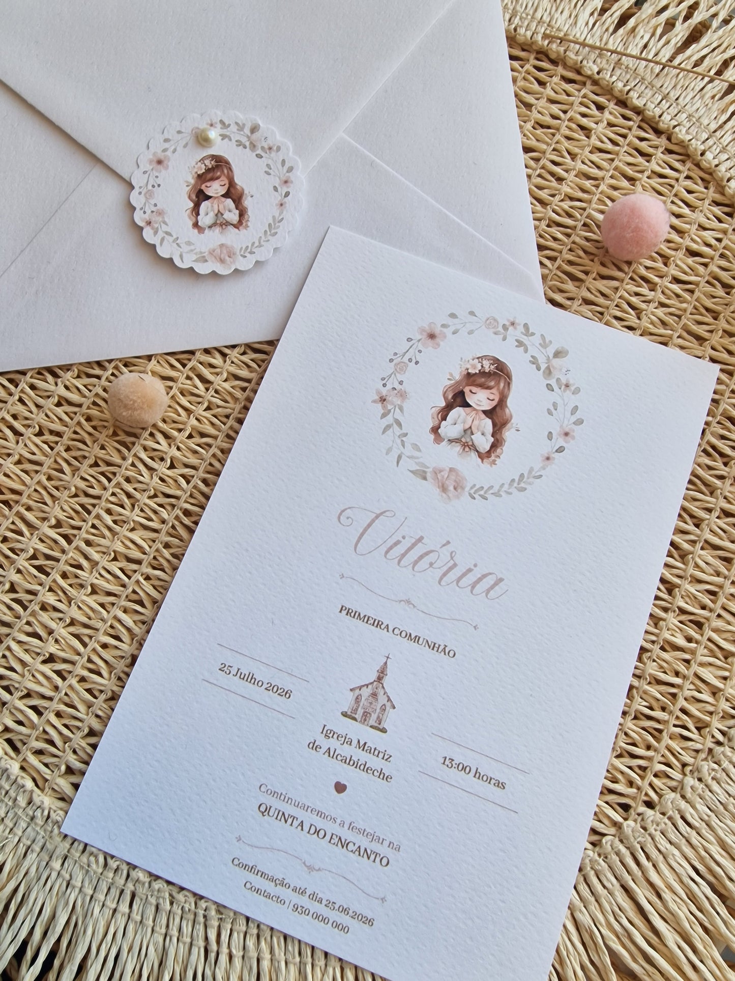 Convite de 1ª Comunhão envelope branco Vitória