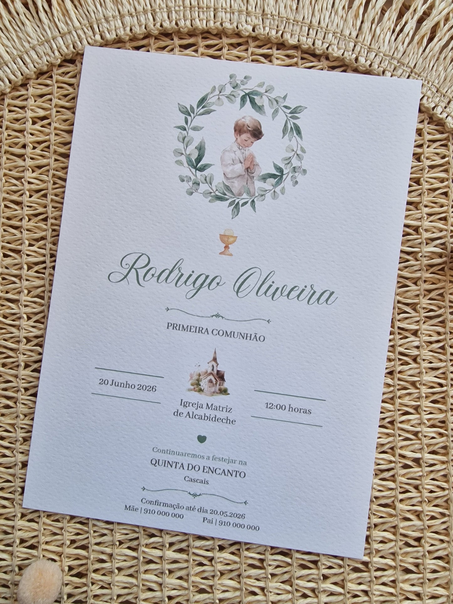 Convite de 1ª Comunhão envelope verde Rodrigo