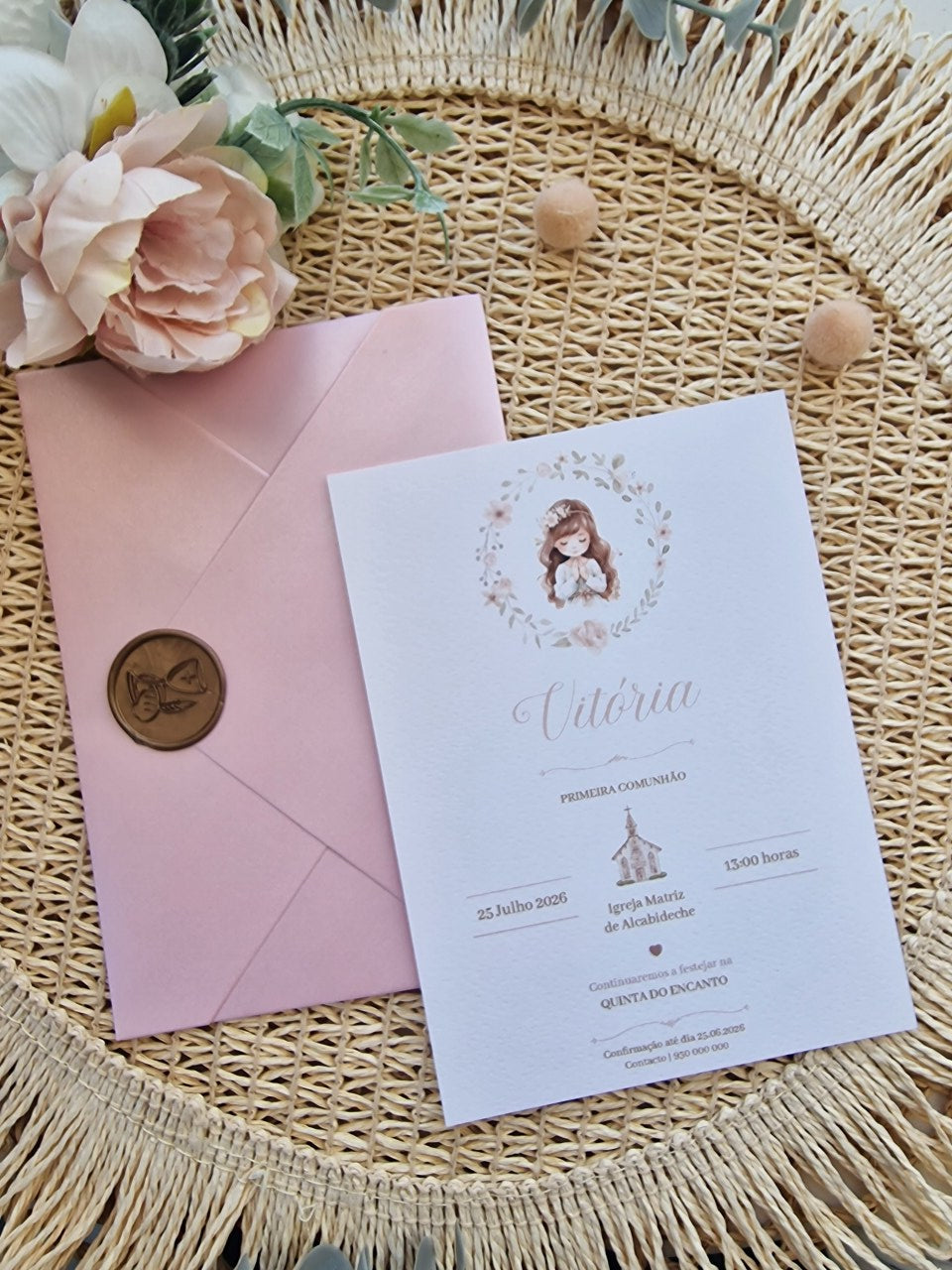 Convite de 1ª Comunhão envelope rosa Vitória