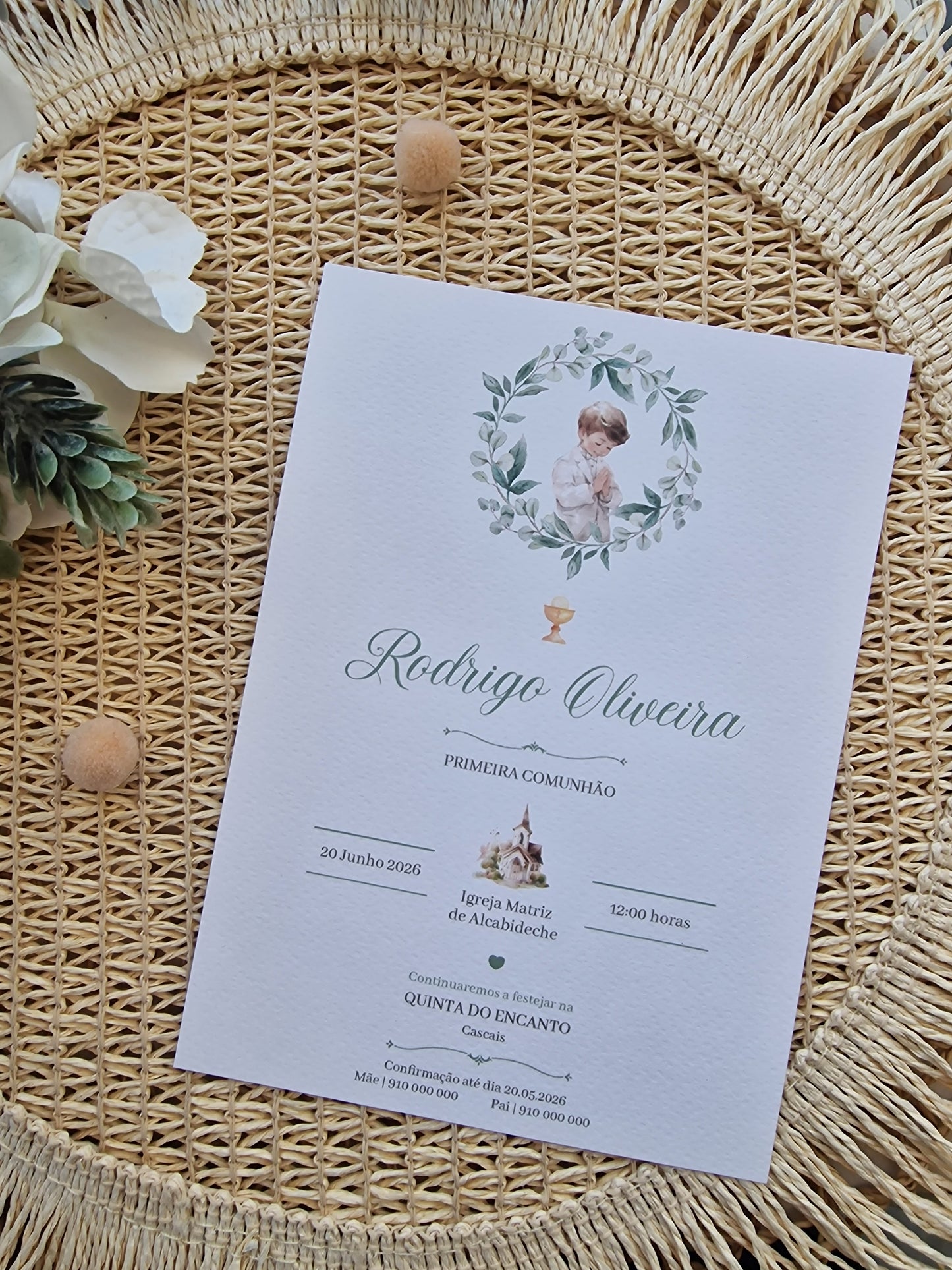 Convite de 1ª Comunhão envelope verde Rodrigo