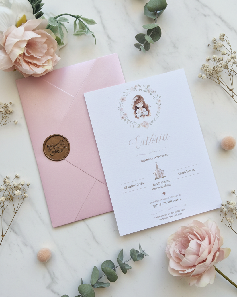 Convite de 1ª Comunhão envelope rosa Vitória