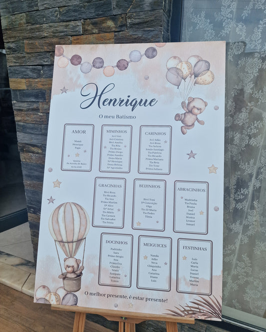 Placa organizadora para convidados ursinho beje do Henrique