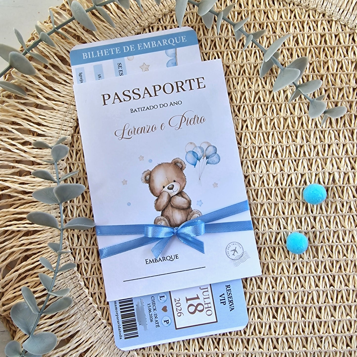 Convite passaporte azul do ursinho L&P