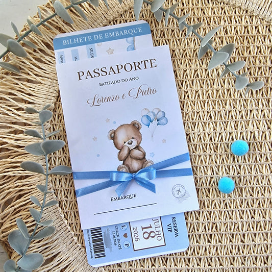 Convite passaporte azul do ursinho L&P