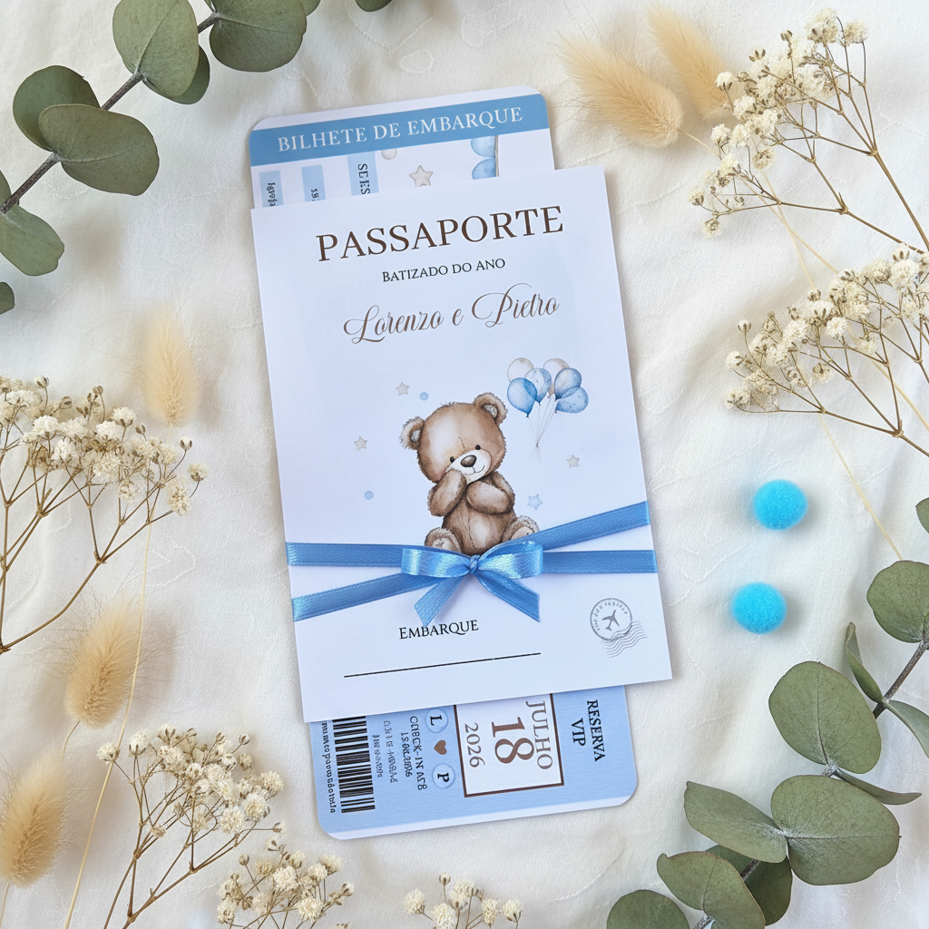 Convite passaporte azul do ursinho L&P