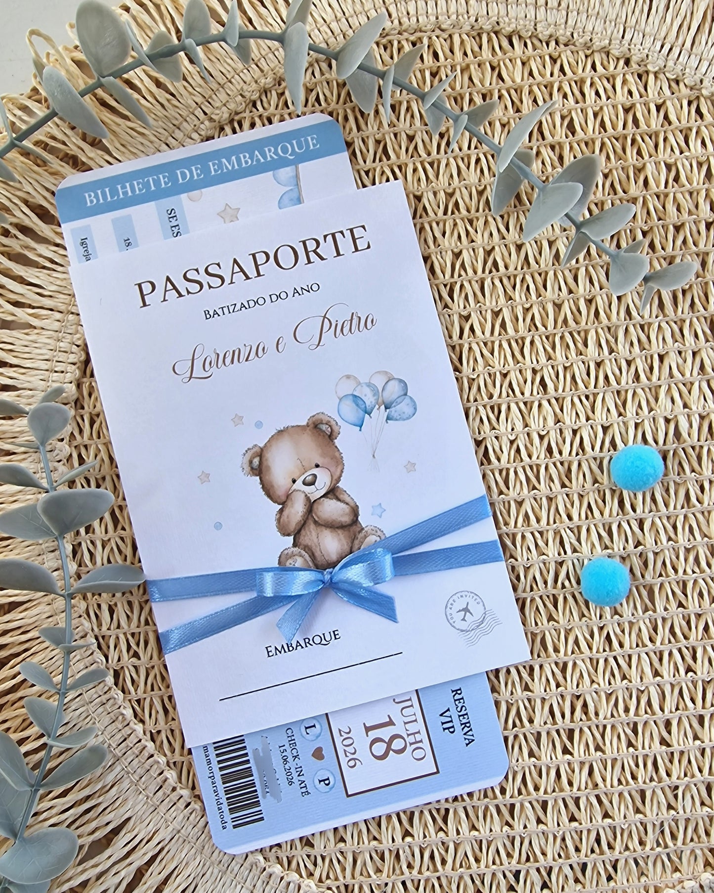 Convite passaporte azul do ursinho L&P