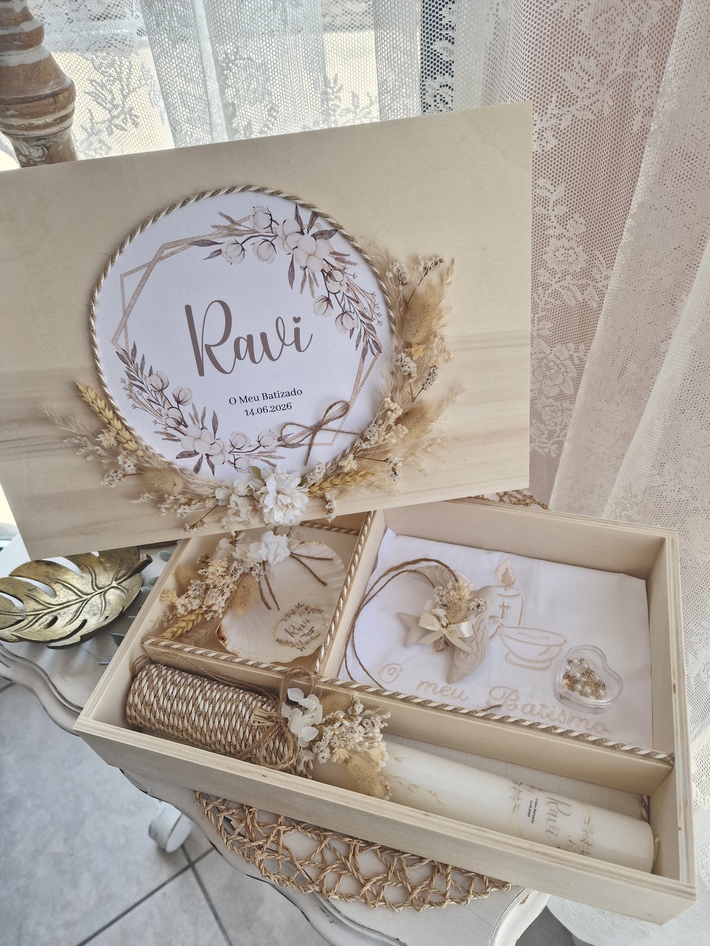 Conjunto de batismo caixa premium Tema Algodão