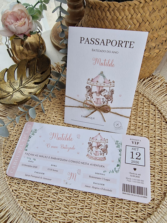 Convite passaporte carrossel rosa