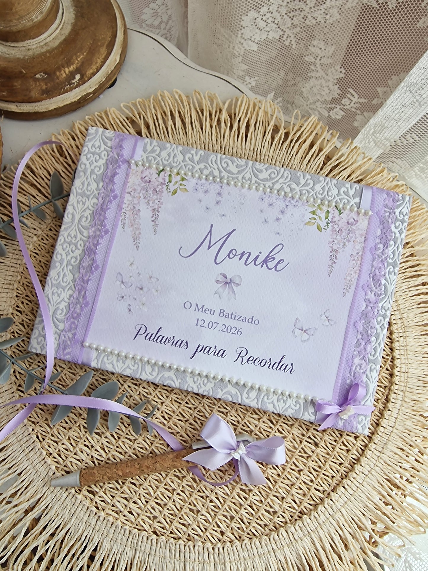 Livro de dedicatórias Lilás Batizado da Monike