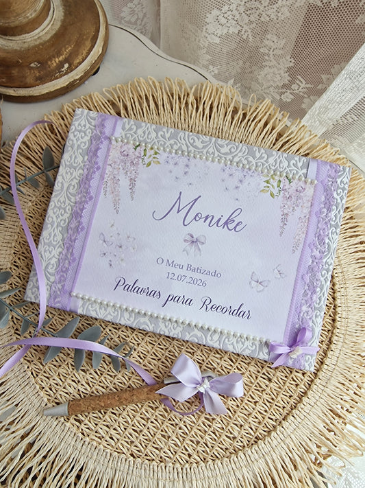 Livro de dedicatórias Lilás Batizado da Monike