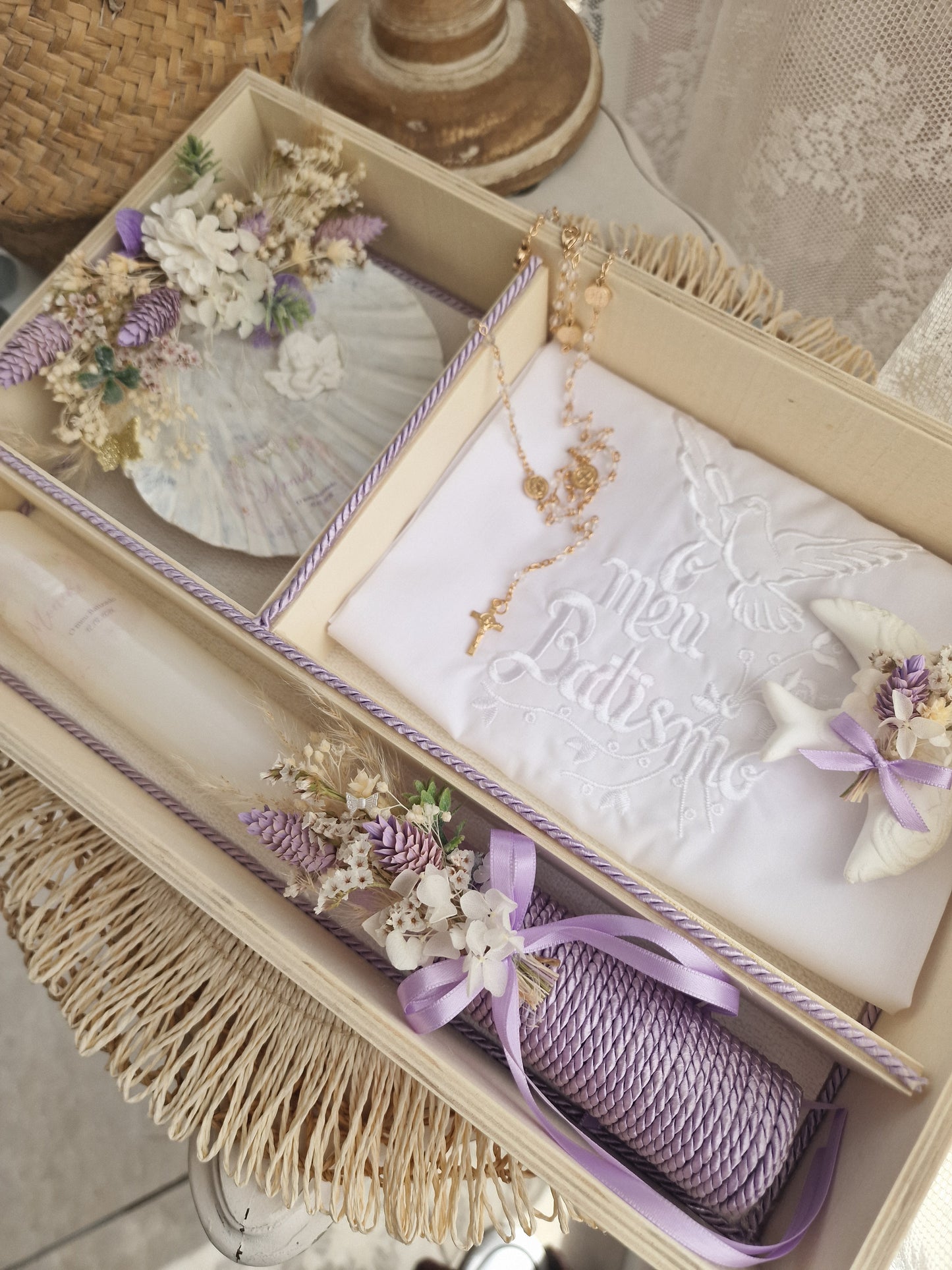 Conjunto de batismo caixa premium floral Lilás Monike