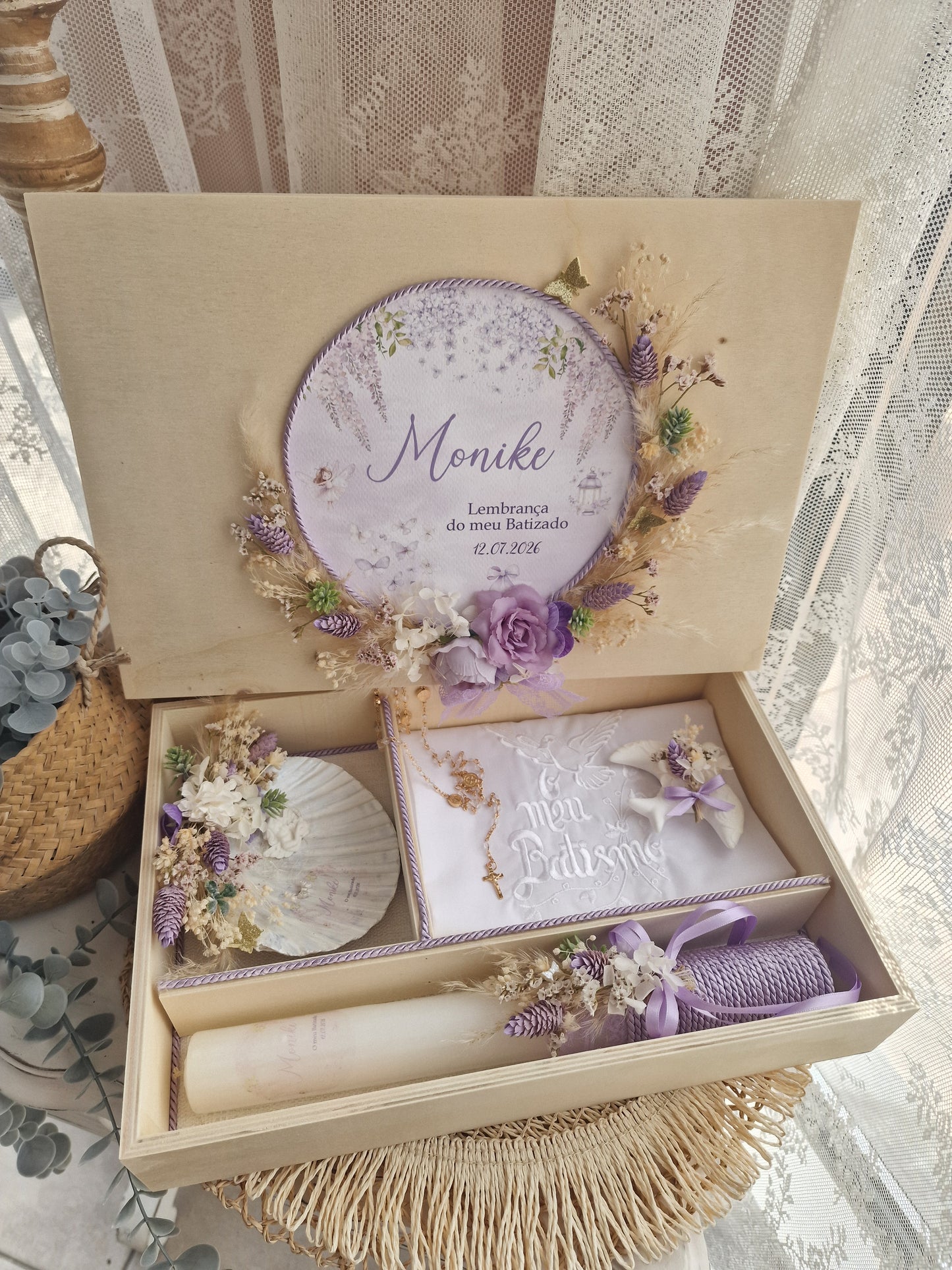 Conjunto de batismo caixa premium floral Lilás Monike