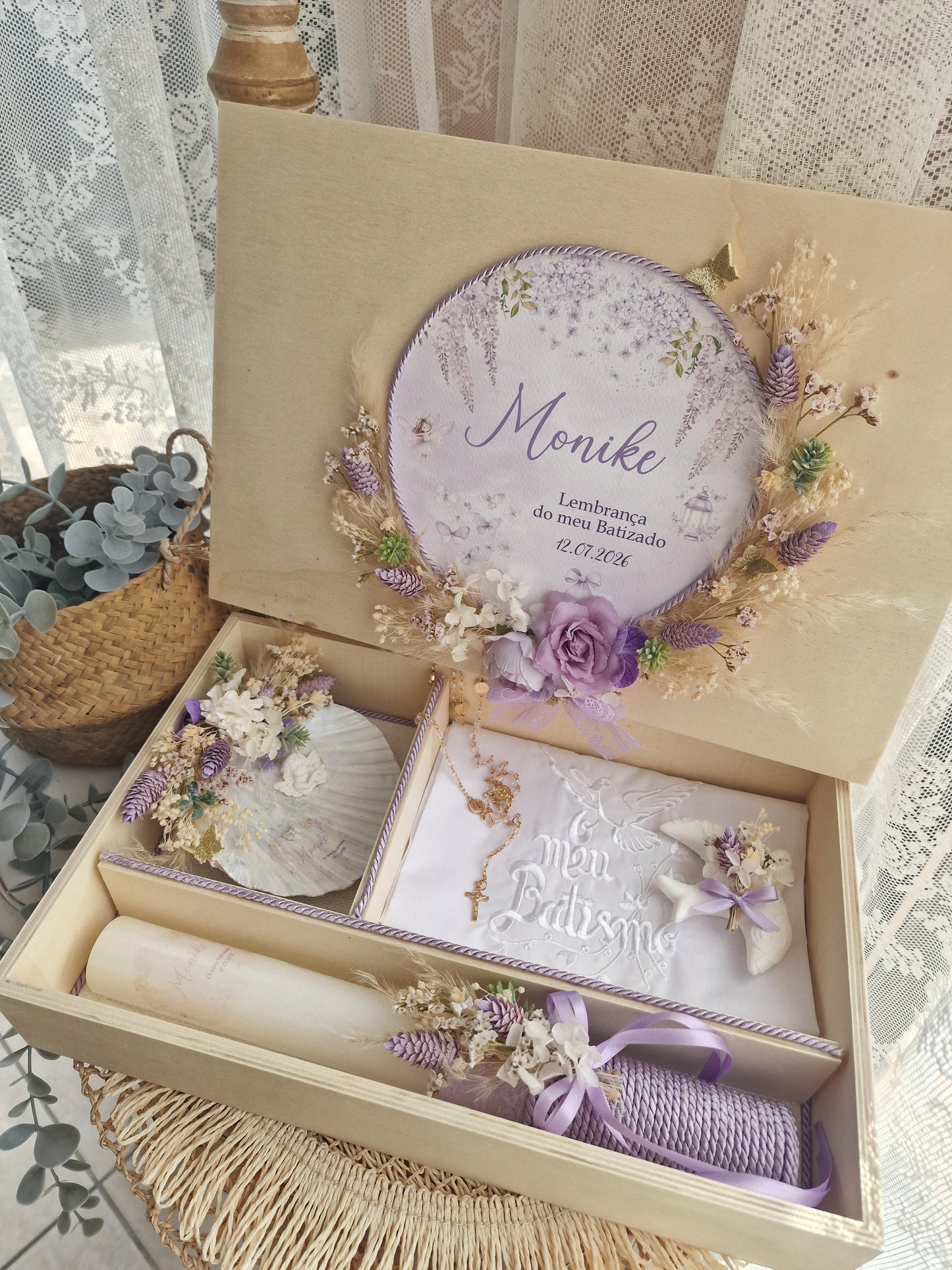 Conjunto de batismo caixa premium floral Lilás Monike