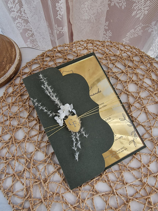 Convite de casamento Premium em acrílico dourado espelhado