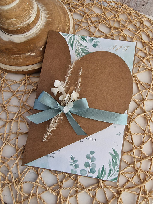 Convite de casamento Coração Kraft e Verde
