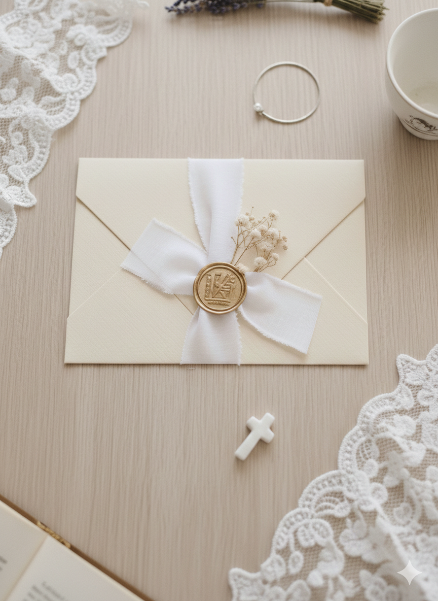 Convite de batizado Maria do Mar  personalizado com anjinho em tons nude