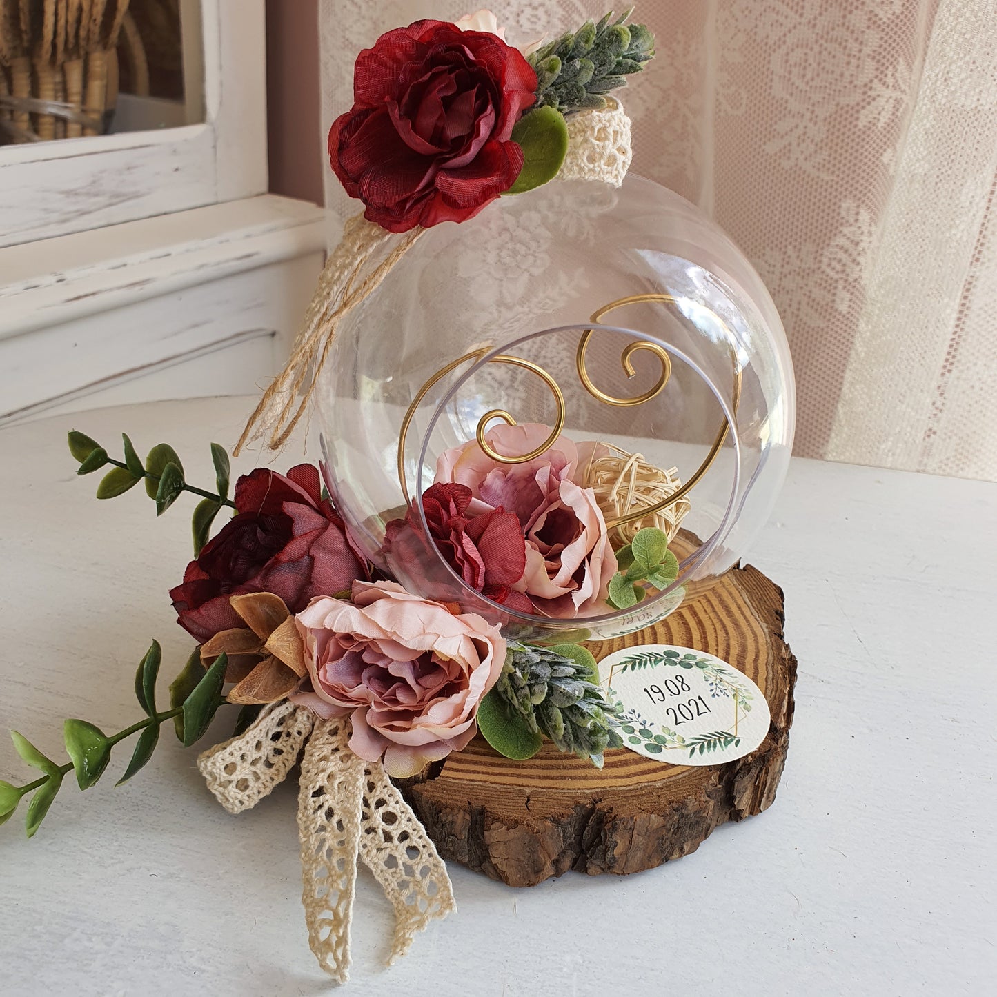 Crystal ball ring holder in wooden trunk